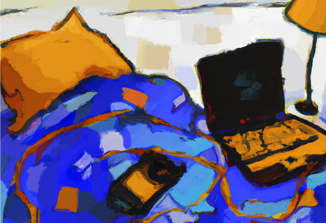 a computer sleeping in bed the syle of vincent van gogh