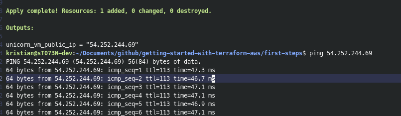 output from successfully applying the Terraform config and pinging the vm